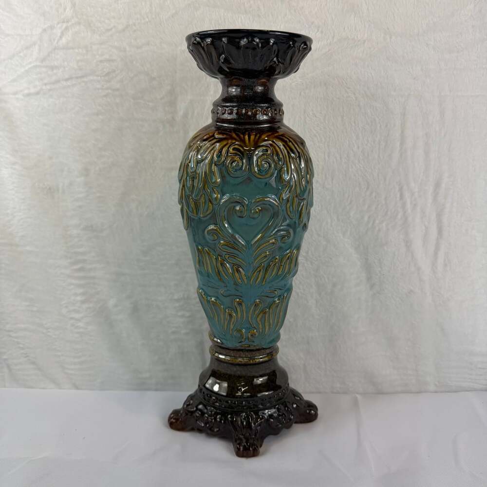 Ornate ceramic candle holder teal & brown majolica-style glaze pedestal base